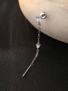 1Pc Dainty Delicate 925 Sterling Silver Chain Tassel Moissanite Piercing Earrings Set, 3-Prong Clover Design Flat Back Cartilage Studs, Hypoallergenic Jewelry Gift For Women Girls Daily Wear Party Wedding Season - Silver - View 6