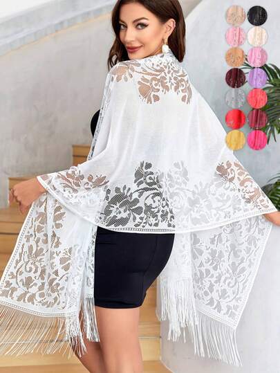 1件装女士沙滩配饰蕾丝披肩，镂空流苏围巾头巾，优雅透气，适合伴娘、婚礼、派对、夏季海滩、旅行、约会等场合，可提升您的装扮。