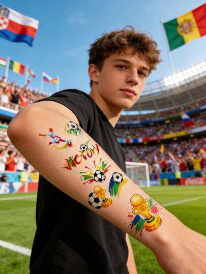 25张/套 足球图案临时纹身贴纸，世界杯球迷加油助威脸部贴纸，啦啦队表演装饰贴纸