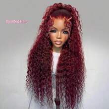 99J Burgundy Wig Brazilian Virgin Human Blended Hair 13x4 HD Deep Curly Lace Front Wigs Blended Human Hair 200% Density 99J Burgundy Lace Front Wig Glueless Water Wave Curly Blended Human Hair Wigs For Women Wine Red Colored Human Blended Hair Wig - SBUG - View 2