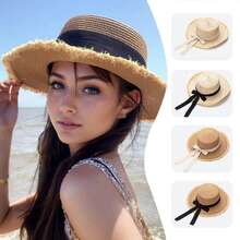 Bow Knot Frayed Flat Top Straw Hat, Women Summer Beach Holiday Japanese Hawaii Sun Woven Sun Hat, Boho Bowknot - Straw Hat - View 4