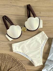 Bikinx Traje de baño de mujer con copas de concha, borde de parche y aros, elegante para vacaciones de verano - Beis - Ver 7