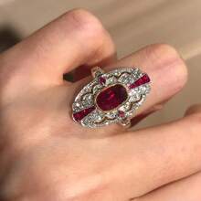 Women's Oversized Bicolor Inlaid Red Oval Zirconia Ring - Red - View 9