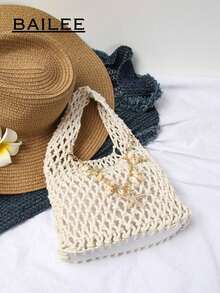BAILEE 1 Set Polyester Crochet Mesh Bottom Multi-Color Solid Knitted Tote Bag, Quilted Pattern, Lightweight Portable Large Capacity Cute Fashion Beach Bag, Suitable Women, Young Professionals, Teachers/Girls - 白色 - 查看 10