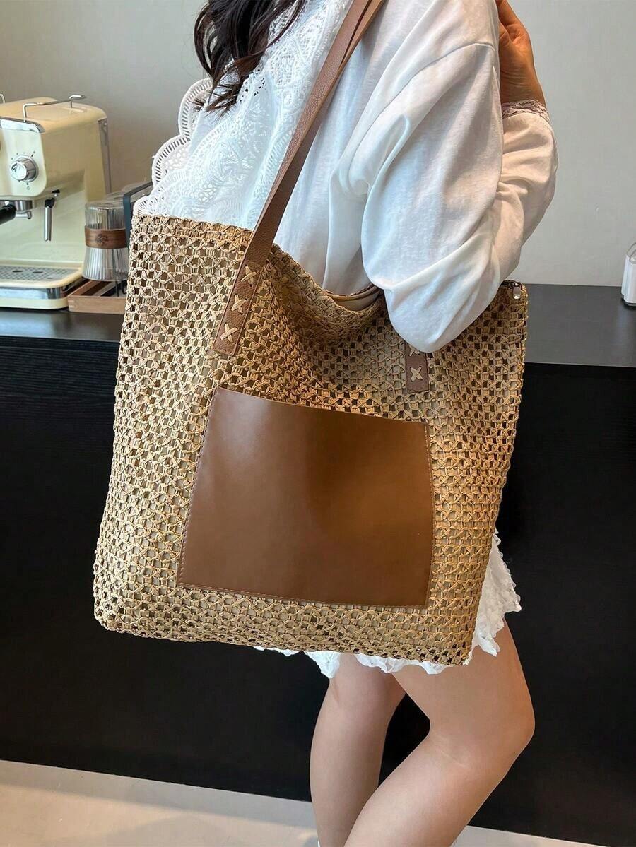 Summer Straw Beach Bag, Large Capacity Tote Bag, Grocery Basket Bag, Handbag, Vacation Style, Simple & Versatile, Multi-Pocket Women Bag, Suitable For Dresses, Shopping, Travel, Storage, Wicker Bag - Màu Khaki - Xem 1