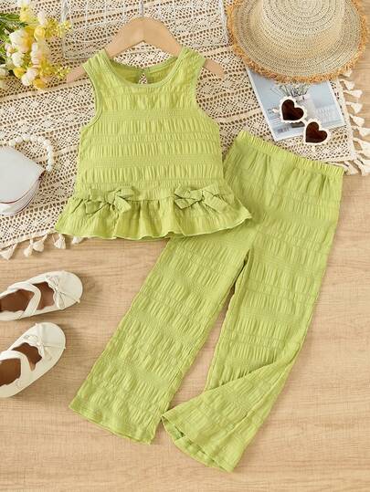 女童无袖纹理背心和直筒裤套装，可爱蝴蝶结装饰上衣和直筒裤两件套，适合户外穿着