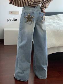 American Retro Five-Point Star Leopard Print Design Jeans For Women, Loose Straight Leg Wide Leg Versatile - Light Wash - View 2