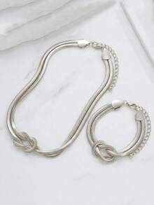 Bộ 2 món trang sức bạc phong cách punk tối giản thời trang, dây chuyền và vòng tay xoắn, chất liệu kim loại độc đáo, dễ dàng phối hợp đeo hàng ngày, món quà tuyệt vời. - Nhiều màu - Xem 3