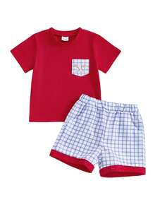 Toddler Baby Boys Baseball Outfits Embroidery Short Sleeve T Shirts And Plaid Shorts Set 2pcs Summer Clothes Sets, Toddler Boy Baseball Short Clothes Sets, Toddler Baby Boy Summer Clothes - 紅色 - 查看 1