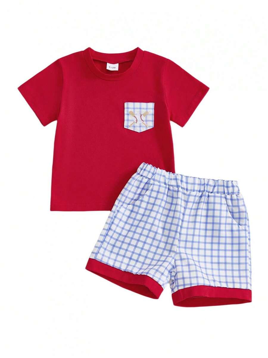 Toddler Baby Boys Baseball Outfits Embroidery Short Sleeve T Shirts And Plaid Shorts Set 2pcs Summer Clothes Sets, Toddler Boy Baseball Short Clothes Sets, Toddler Baby Boy Summer Clothes - 紅色 - 查看 1