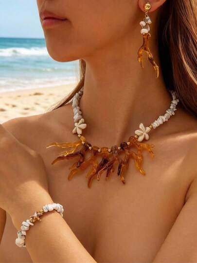 imoli Bộ trang sức phong cách nghỉ hè trên bãi biển, gồm san hô lớn bằng acrylic, sao biển bằng nhựa và đá vụn, thích hợp cho tiệc bãi biển, họp mặt ngày lễ, làm quà tặng cho bạn bè.