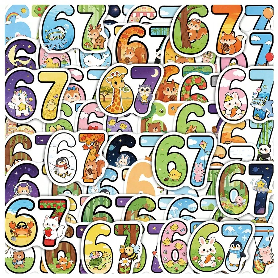 50pcs Cartoon Number 67 Graffiti Stickers, Suitable For Water Bottles, Notebooks, Envelopes, Cartoon Number Sticker Decals - Multicolor - View 1
