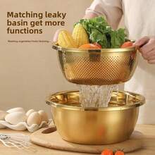 2pcs Stainless Steel Kitchen Set - Includes Thick Multi-Function Colander And Steamer Basket, Suitable For Rinsing Rice, Fruits, Pasta, Soup Pot And Whisk | Dishwasher , Anti-Rust, Space-Saving Design - Golden Drain Net - View 11