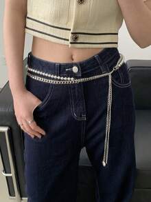 1pc Women's Silver Alloy Material Niche Double-Layer Pearl Waist Chain - Silver - View 4