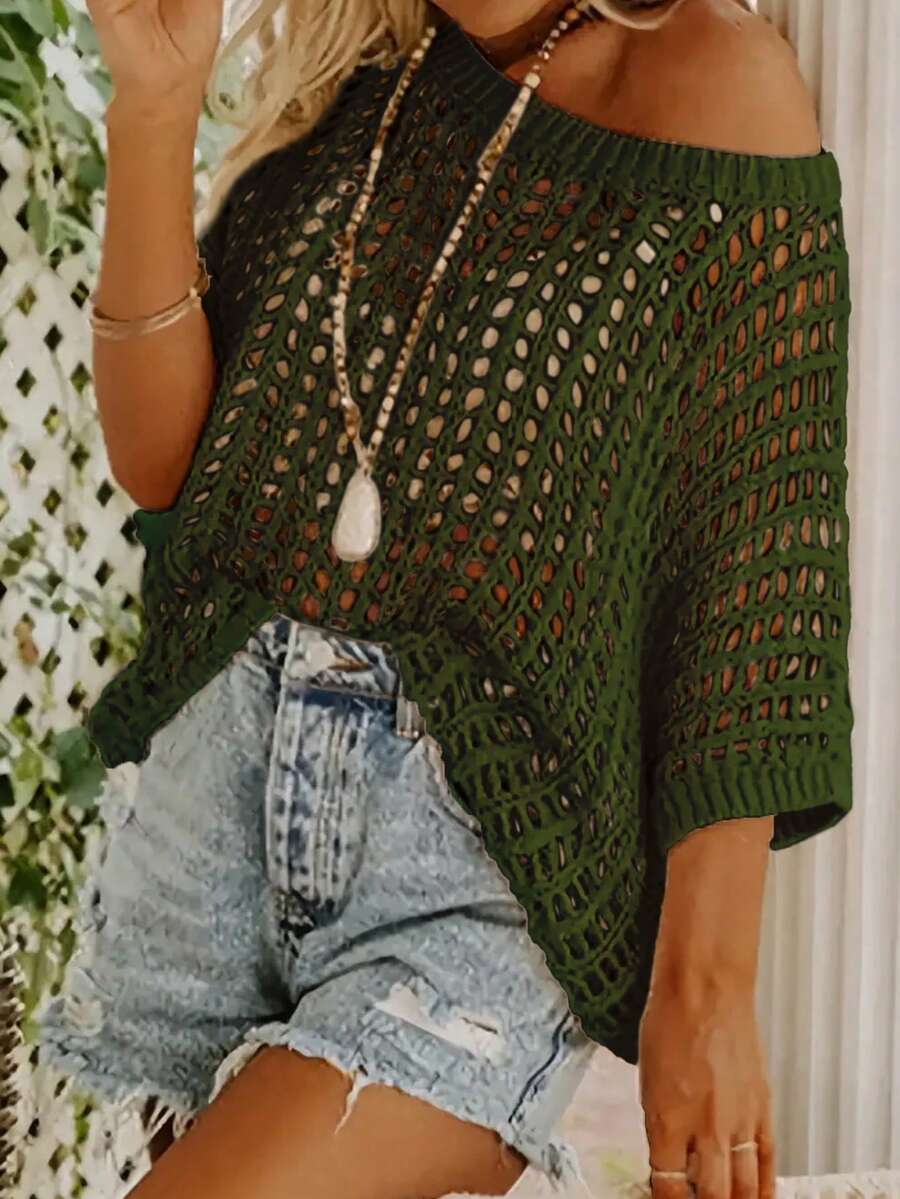 Women's Summer Short Sleeve Hollow Out Pullover Knit Top, Beach Cover Up Sweater Vacation Spring - Dark Green - View 1