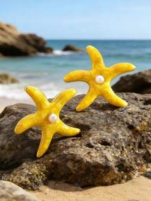 1 Set Asymmetrical Starfish Design Stainless Steel & Plastic Earrings, Fashionable & Elegant, Suitable For Women's Beach Vacation, Gathering With Friends, Or Beach Dates - Yellow Gold - View 6