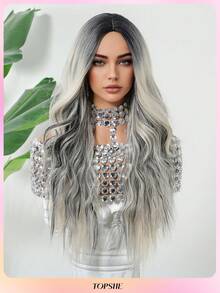 TOPSHE 26 Inch Ombre Gray Long Wavy Synthetic Wig For Women, Middle Part Fluffy Curly Hair, Suitable For Daily, Party, Cosplay, Fashionable & Romantic - Gray Ombre - View 5