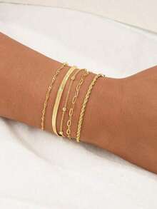 5pcs/Set Elegant Stackable Gold Tone Bracelets, Suitable For Women's Daily Wear (Random Bead Quantity, Fixed Length) - Gold - View 3