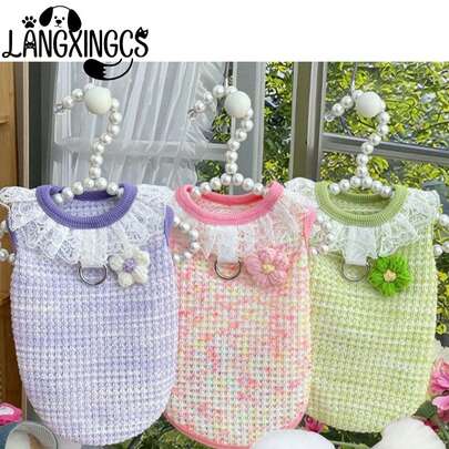  1件 LANGXINGCS 宠物服装，可爱花卉图案透气舒适狗狗背心，带蕾丝边，简约针织猫咪服装，带牵引环，适合中小型猫狗