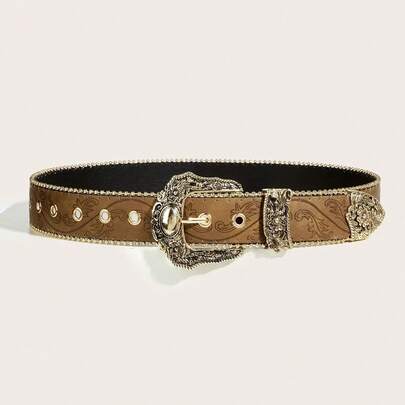 1pc Vintage Western Style Embossed Belt, Adjustable Brass Buckle Decoration For Jeans