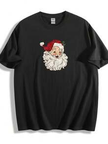 Women's Short-Sleeved T-Shirt Made Of Pure Cotton, Soft And Comfortable, A Recommended Item, Featuring A Print Design With Santa Claus's Red Hat And White Beard. - 黑色 - 查看 1