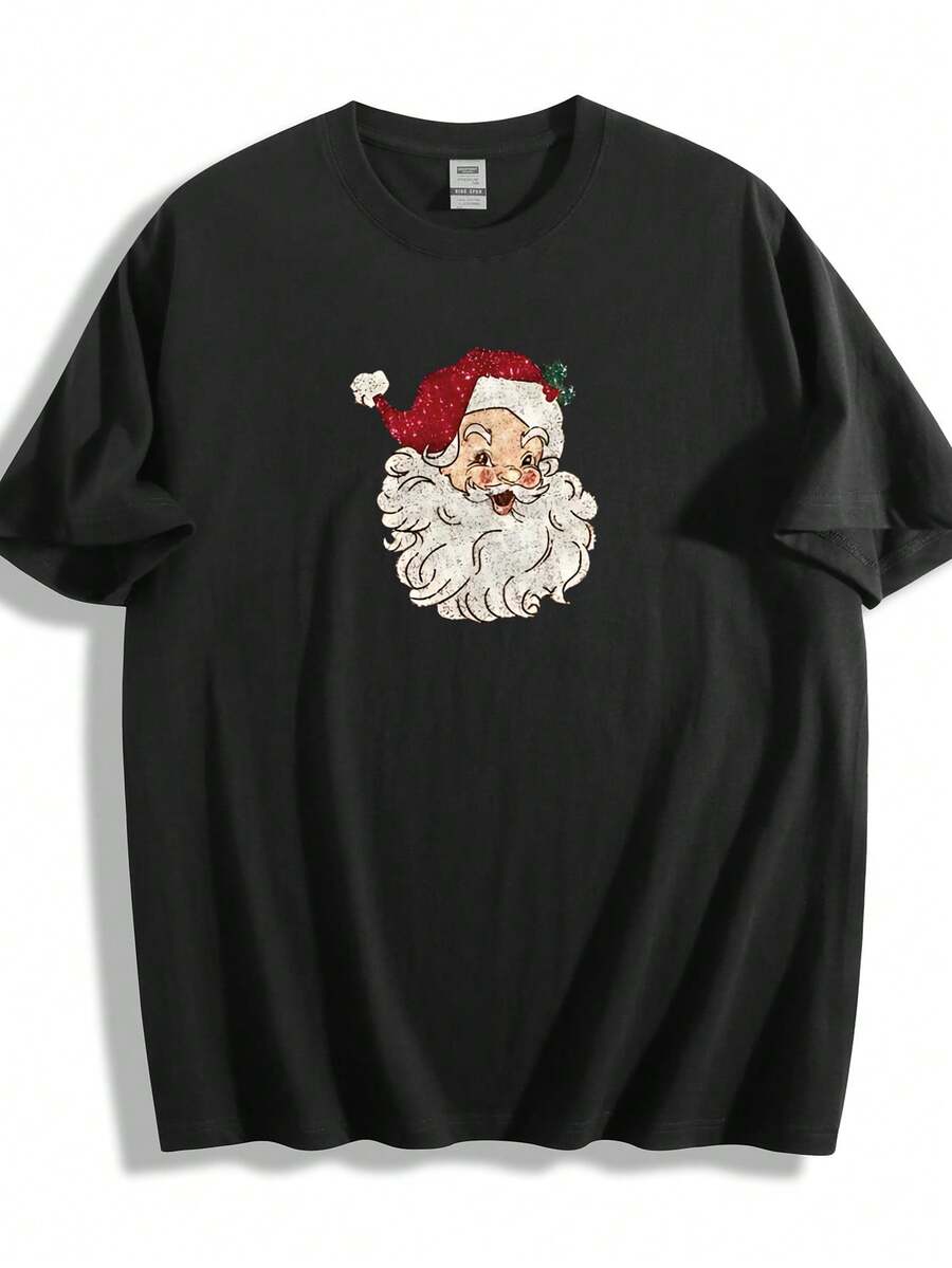 Women's Short-Sleeved T-Shirt Made Of Pure Cotton, Soft And Comfortable, A Recommended Item, Featuring A Print Design With Santa Claus's Red Hat And White Beard. - 黑色 - 查看 1