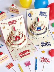 6张/1张3D立体生日/圣诞节贺卡，立体生日蛋糕贺卡带信封，圣诞节邀请卡 - 彩色 - 查看 2