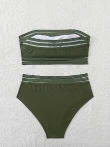Bộ bikini hai mảnh cạp cao, phối lưới tương phản màu đen trơn, thích hợp cho kỳ nghỉ hè ở bãi biển. - xanh quân đội - Xem 7