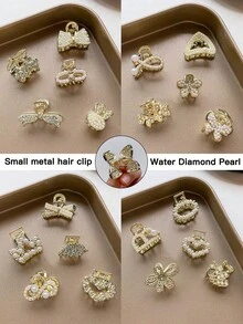 随机15个女士金色发爪，时尚、优雅、可爱，镶嵌闪亮水钻，心形皇冠造型，多款小发爪套装，适合日常佩戴和派对佩戴，女士发饰，女士配饰，夏季沙滩发夹度假发夹，假日旅行礼物 - 彩色 - 查看 6