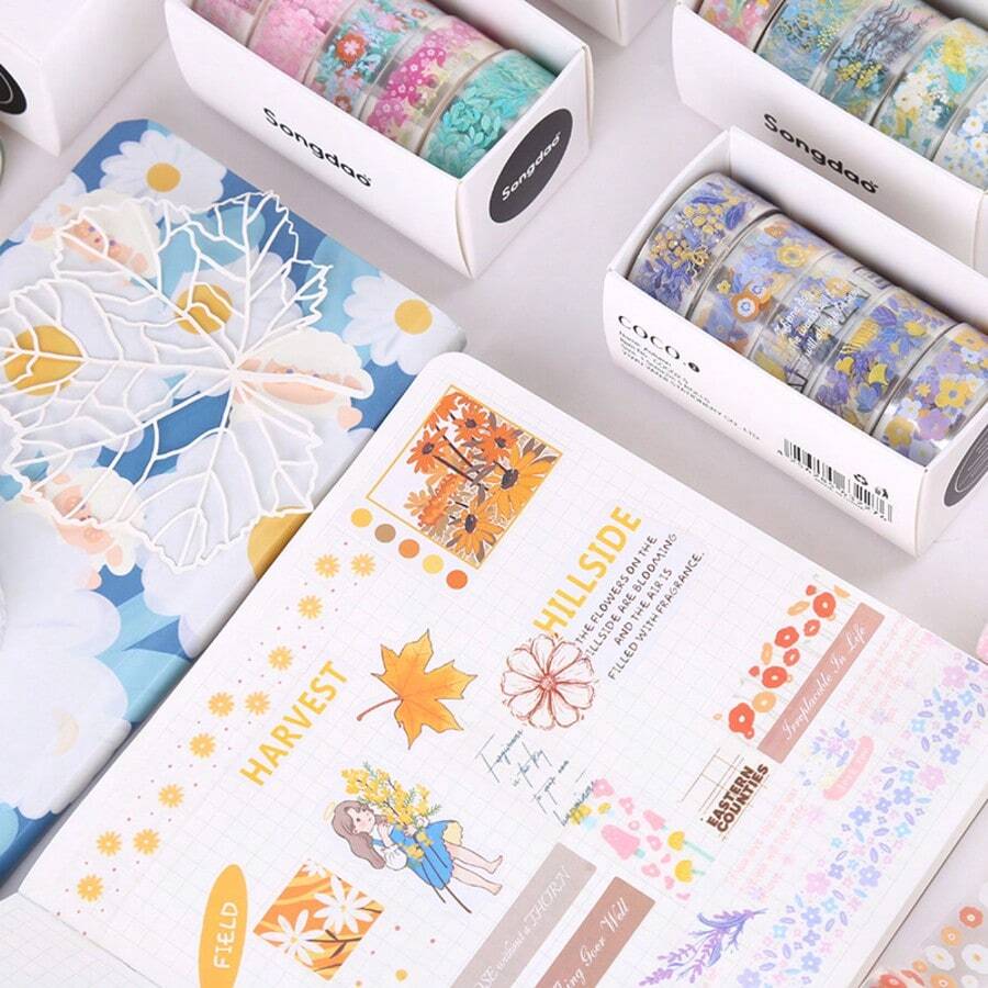 5张透明贴纸，适用于剪贴簿、创意透明PET花卉贴纸、纸质计划本贴纸、DIY装饰胶带、毕业季笔记本装饰、手机贴纸装饰