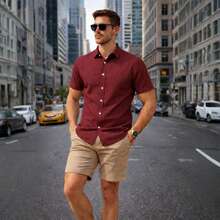 Men's Dress Shirt With Italian Collar, Short Sleeves, Slim Fit, Casual, Versatile, Elegant, Basic - 酒紅色 - 查看 4