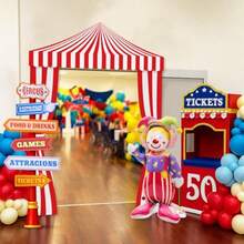 10 Pcs Carnival Party Decorations Set Circus Tents Self Standing Clown Balloons Circus Party Directional Signs Carnival Decorations For Birthday Directional Clown Trunk Or Treat Supplies - Red - 查看 2
