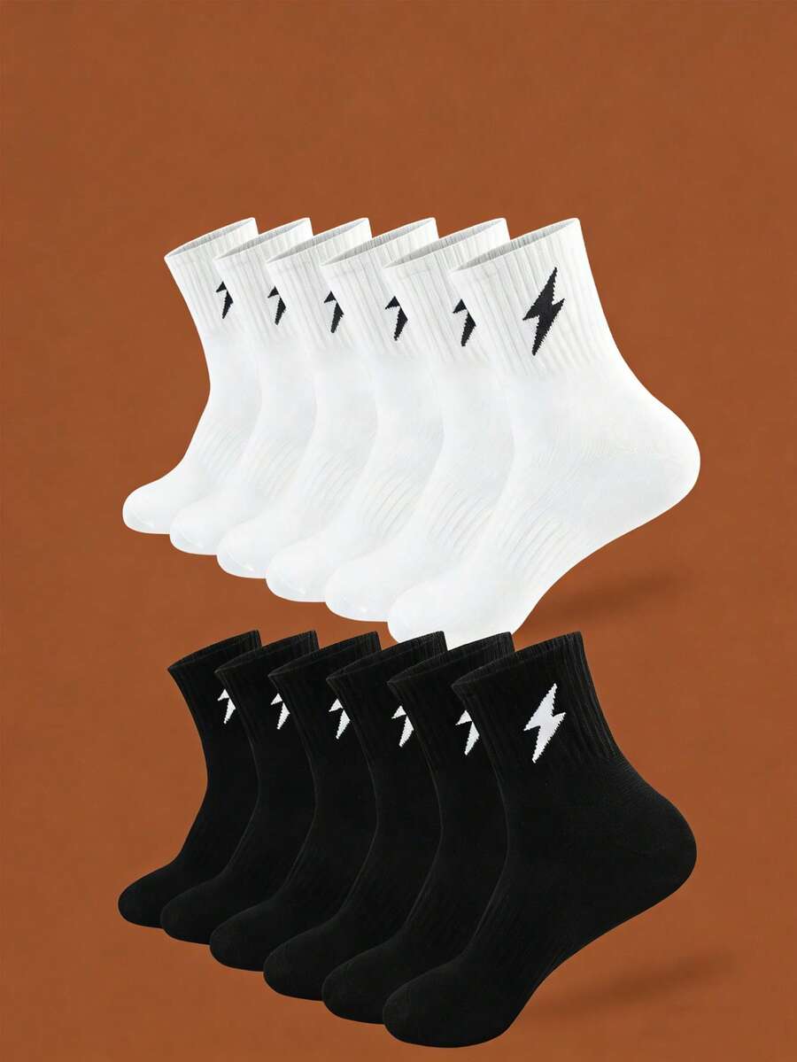5/10/12/20 双装闪电元素设计中筒运动袜 | 黑白撞色男女通用日常百搭袜 - 彩色 - 查看 1