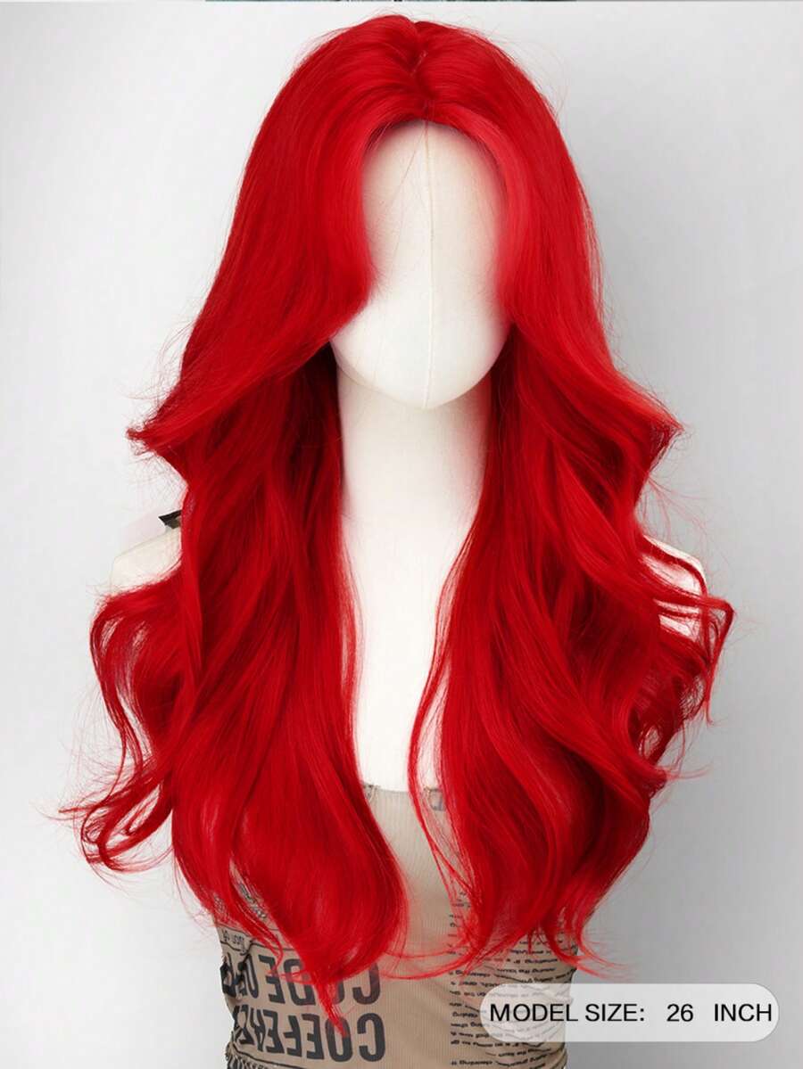 Peluca ondulada de 26 pulgadas en degradado negro y rojo, con flequillo central, resistente al calor, sintética y esponjosa, adecuada para uso diario, fiestas y disfraces de Navidad