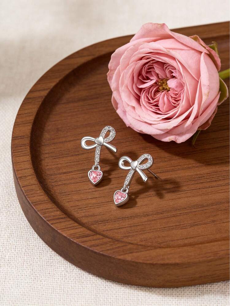 Pendientes de plata con lazo rosa dulce, joyería versátil para uso diario y de fiesta para mujeres - Multicolor - Añade 8