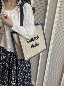 2026 Spring Letter Print Large Capacity Woven Shoulder Bag, Fashion Business Commuter Bag, Minimalist Versatile Lightweight Tote Bag - Blue - View 5