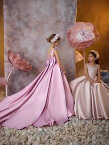 少女薰衣草串珠蝴蝶结拖尾连衣裙，优雅派对礼服，公主裙，适合女孩的生日派对、宴会、晚会、舞会、伴娘、花童婚礼、节日庆典 - 紫色 - 查看 1