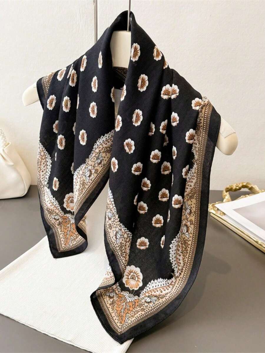 1件休闲佩斯利花纹人字纹印花围巾，时尚亚麻天鹅绒质感沙滩披肩、头巾、手提包配饰，适合度假旅行 - 黑 - 查看 1