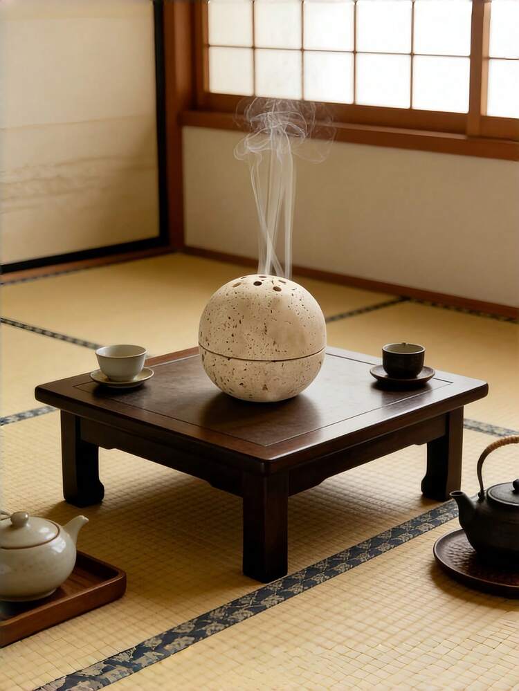 1pc Circular Travertine Aroma Diffuser, Geometric Rock Aroma Diffuser Decor, Wabi-Sabi Style, Suitable For Home, Living Room Or Office Desk - Stone Ball - View 5