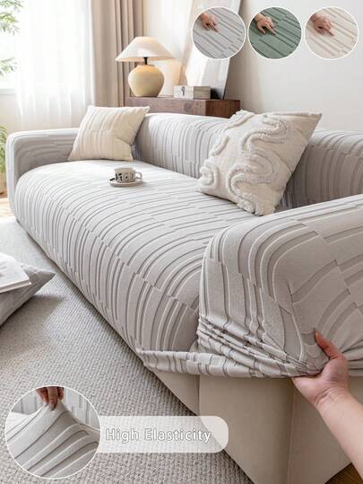 1pc Plush Velvet Bicolor Jacquard Stretch Sofa Cover, All-Season Slip-Resistant One-Piece Sofa Protector, Suitable For 1/2/3/4/5 Seater Sofa, Modern Minimalist Style (Includes 1 Pillow Case)