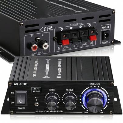 AK280 1 X 600W Dual-Channel Mini-Amplifier, HiFi Stereo Compact Audio Amplifier, 2.0 Channels, RCA/AUX Input, Bass And Treble Control, Suitable For Audio Amplifier Of Home, Computer And Car Music Player, Without Power Adapter And Power Cord.