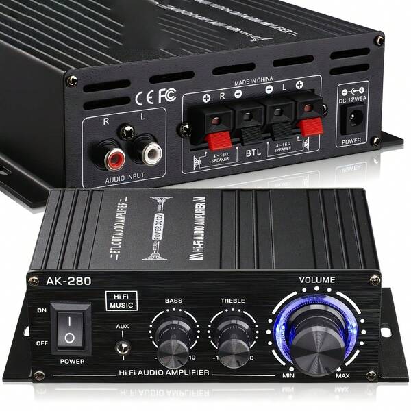 AK280 1 X 600W Dual-Channel Mini-Amplifier, HiFi Stereo Compact Audio Amplifier, 2.0 Channels, RCA/AUX Input, Bass And Treble Control, Suitable For Audio Amplifier Of Home, Computer And Car Music Player, Without Power Adapter And Power Cord.