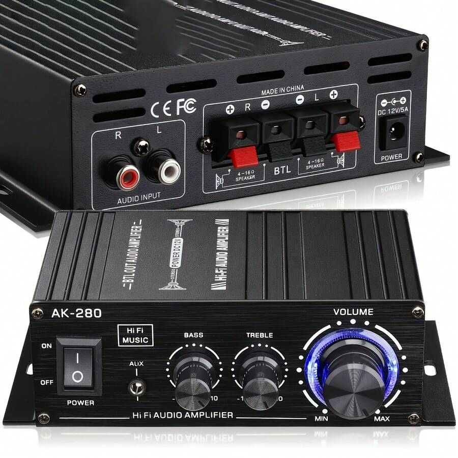 AK280 1 X 600W Dual-Channel Mini Power Amplifier, HiFi Stereo Compact Audio Power Amplifier, 2.0-Channel, Class AB, RCA/AUX Input, Bass And Treble Control, Suitable For Audio Amplifier Of Home, Computer And Car Music Player, Without Power Adapter And Power Cord (Excluding Power Adapter And Power Cord).