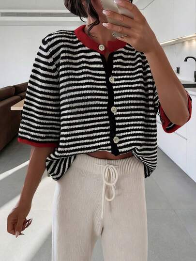2026 Spring/Summer New Women's Black And White Striped Sweater, Suitable For Valentine's Day And Holidays