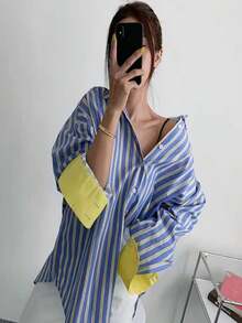 Women's Oversized Striped Button-Up Shirt, Loose Fit Contrast Color Cuff Casual Long Sleeve Top, Suitable For Daily And Streetwear Spring - Blue - View 5