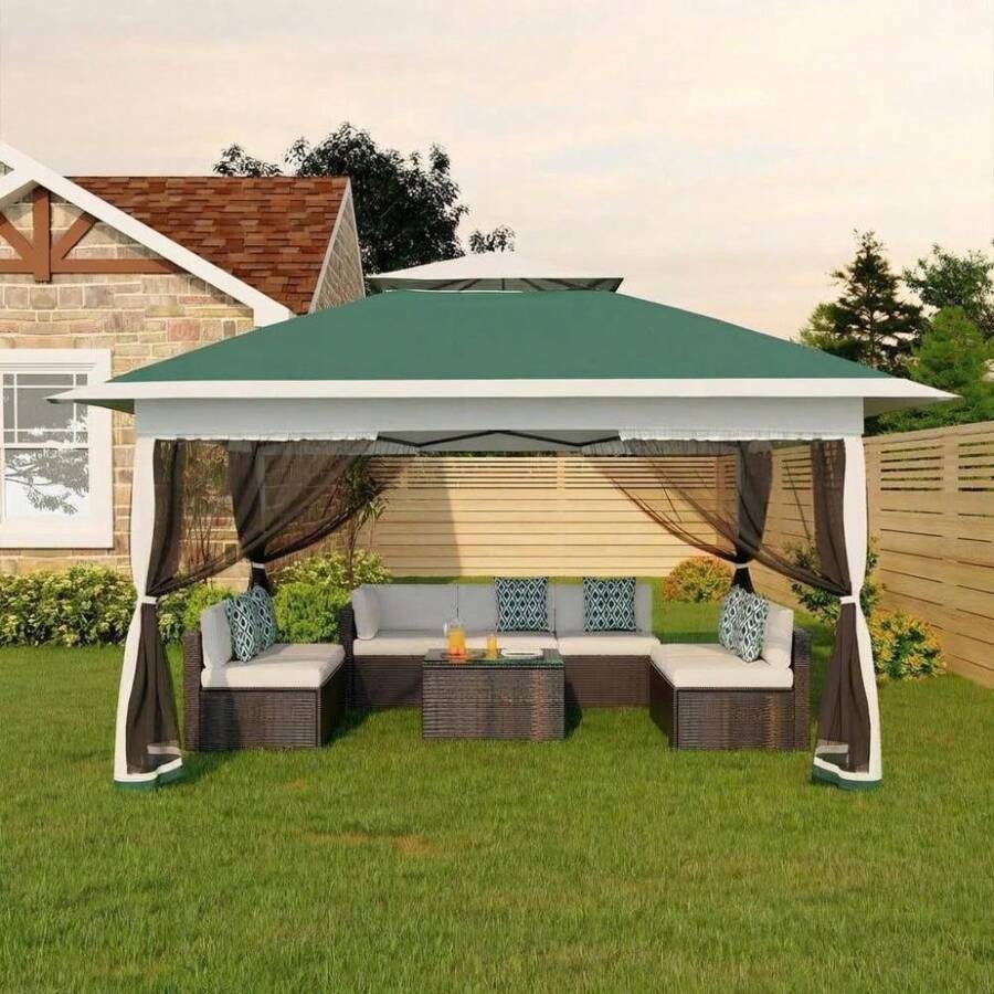 Cenador plegable de 3x3 m, carpa de jardín con doble techo y mosquitera, incluye 4 sacos de arena y bolsa de transporte. Carpa instantánea, altura regulable, ideal para jardín y eventos. - Verde - Ver 1