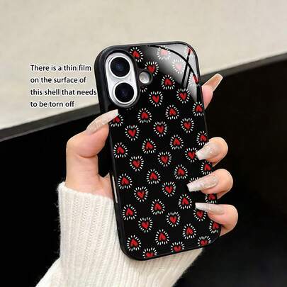 1个亮黑色背景红色爱心图案手机壳，适用于 XR/11/12/13/14/15 Pro Max/16 Plus/17 Pro Max，时尚保护壳，是时尚和音乐爱好者的理想之选，也是送给他/她的完美生日或情人节礼物。