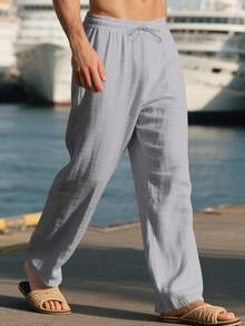Pantalones deportivos casuales sueltos y transpirables de lino fino para hombres, adecuados para la playa, primavera/verano - Gris Claro - Ver 4