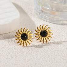 1 Pair 18K Gold Plated Stainless Steel Bohemian Sunflower & Tiger Eye Stone Earrings, Vintage High-End Fashion Earrings For Women - Gold - View 14