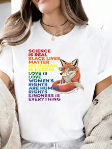 Casual Plus Size White Tee Featuring 'Science Is Real' Rainbow Text & Cool Fox Graphic, Short Sleeve Round Neck Regular Fit T-Shirt For Everyday Fashion - 白色 - 查看 1